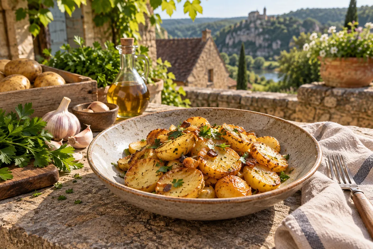 Assiette de pommes de terre sautées à la sarladaise servie sur une terrasse du Périgord