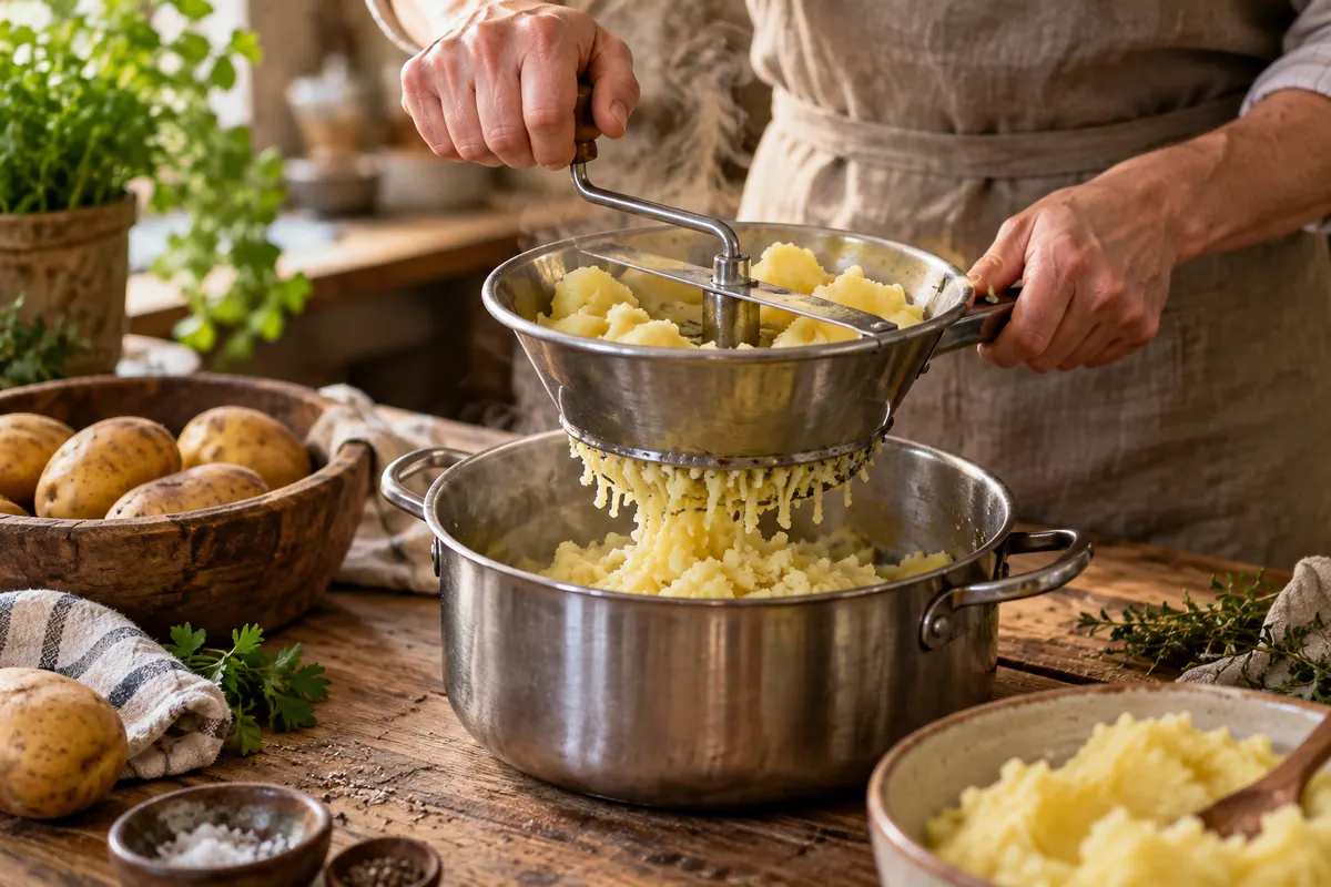 Presse-purée au-dessus d’une casserole pour une purée maison sans grumeaux