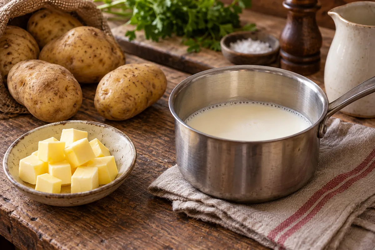 Lait chaud et beurre à côté de pommes de terre farineuses pour une purée maison