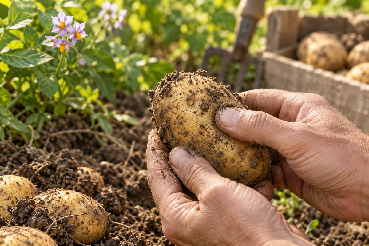 Pouce testant la peau d’un tubercule avant de récolter les pommes de terre au jardin
