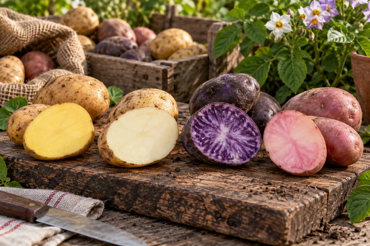 Variétés de pommes de terre coupées en deux montrant des chairs jaunes, blanches, violettes et rouges
