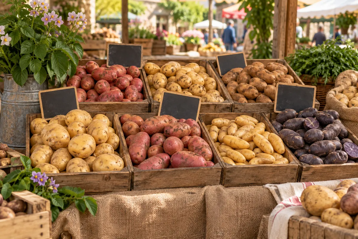Étal de marché de producteur présentant plusieurs variétés de pommes de terre en caisses avec ardoises